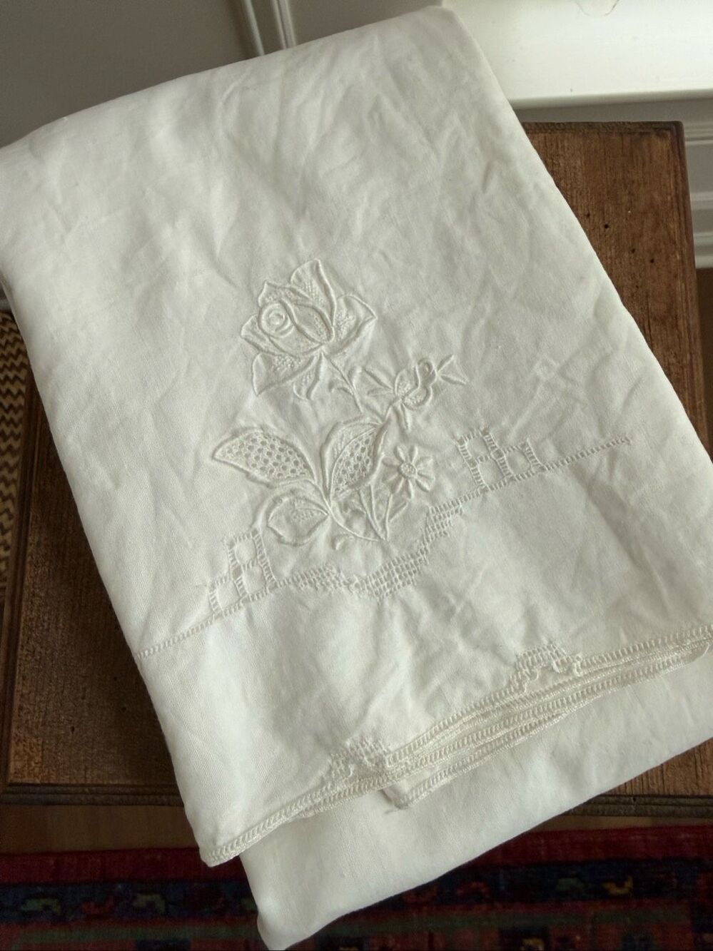 2 Vintage Queen Size Pillowcases Tonal Embroidered Floral Hemstitch Edge